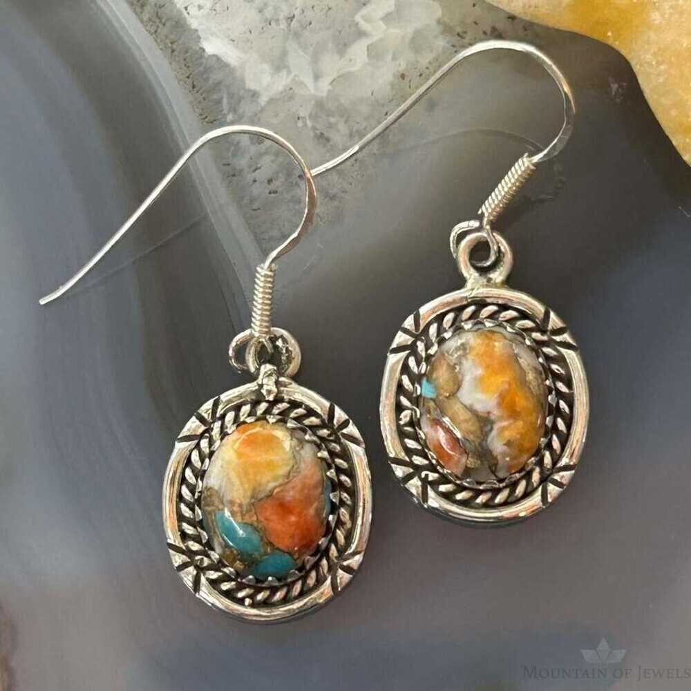 Sterling Southwestern Style Spiny Oyster Turquoise Dangle Earrings For Women #2